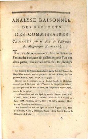 Analyse raisonnée des rapports des commissaires chargés par le Roi de l'examen du magnétisme animal