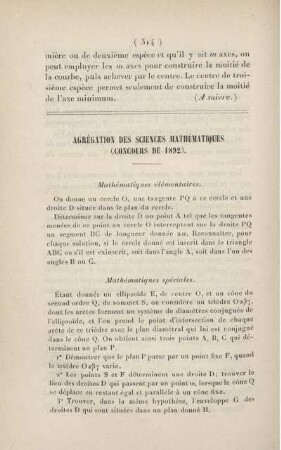 Agrégation des sciences mathématiques (concours de 1892).
