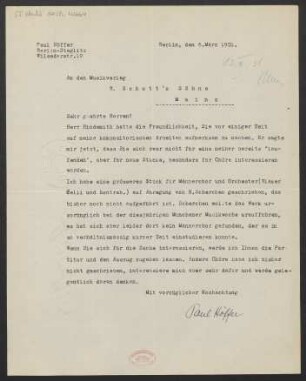 Brief an B. Schott's Söhne : 06.03.1931