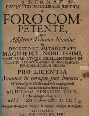 Dissertatio inauguralis Juridica De foro competente