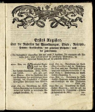 Erstes Register, über die Rubriken der Verordnungen, Edicte, Rescripte, Patente, Ausschreiben, und gemeinen Bescheide; nach der Zeitordnung.