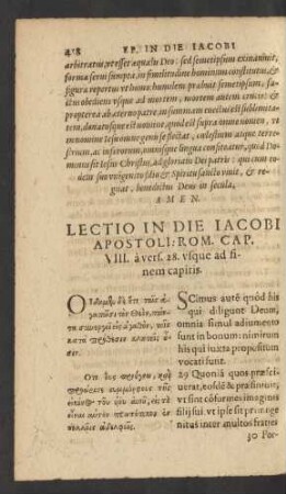 Lectio In Die Iacobi Apostoli: Rom. Cap. VIII. a vers. 28. usque ad finem capitis.