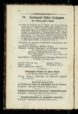 Provinzial-Schul-Collegium der Provinz Hessen-Nassau nebst den zu dessen Ressort gehörigen Schul-Anstalten des Regierungsbezirks Cassel