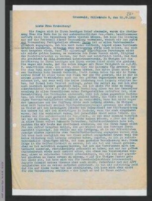 Brief von Helene Lange an Elsbeth Krukenberg