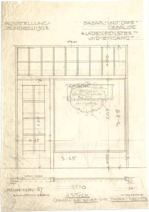 Pfann, Paul; München - Theresienhöhe; Ausstellung München 1908 - Basar u. Cafe - Gebäude (Grundriss, Ansicht)