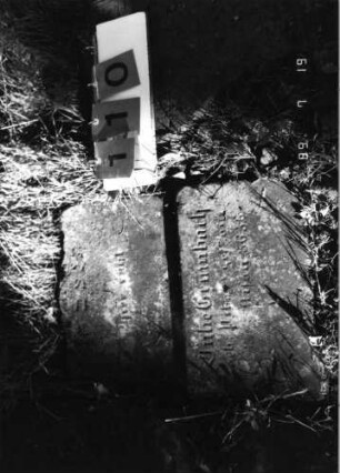 Grabstein 110 (Index: 99796484) Material: Sandstein Zustand: leicht verwittert Maße HxBxT: 0x0x0 cm Beschreibung: Stele, Sockel: Grabstein 110