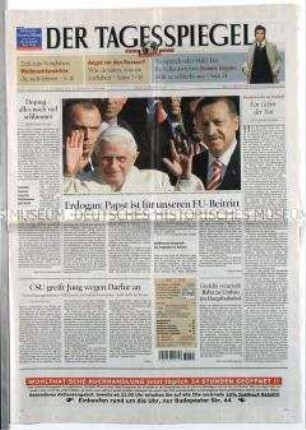 Berliner Tageszeitung "Der Tagesspiegel" zum Besuch des Papstes in der Türkei