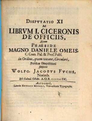 Disputatio XI. ad librum I. Ciceronis De officiis