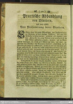 Practische Abhandlung von Blattern, und zwar erstlich Von Präservirung derer Blattern