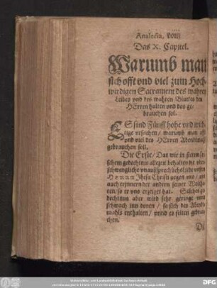 Das X. Capitel. Warumb man sich offt vnd viel zum Hochwirdigen Sacrament des wahren Leibes vnd des wahren Bluttes des Herren halten vnd das gebrauchen sol.