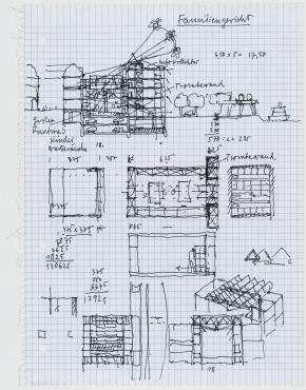 Wettbewerb Neubau Familiengericht/Erweiterung Amtsgericht Tempelhof-Kreuzberg (nicht realisiert), 2. Preis – Grundrisse, Schnitte, Perspektivansichten, Detailansicht. Berlin-Kreuzberg, Möckernstraße 130
