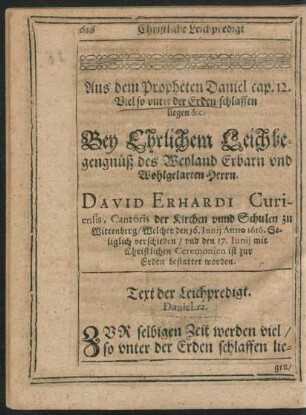 Aus dem Propheten Daniel cap. 12. ... Herrn David Erhardi Curiensis...