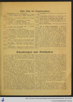 Erste Hilfe bei Unglücksfällen. Schenkungen und Erbschaften.
