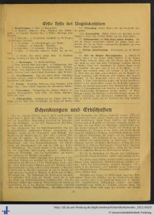 Erste Hilfe bei Unglücksfällen. Schenkungen und Erbschaften.