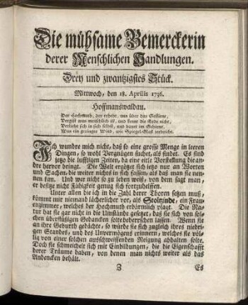 Drey und zwanzigstes Stück. Mittwoch, den 18. Aprilis 1736.