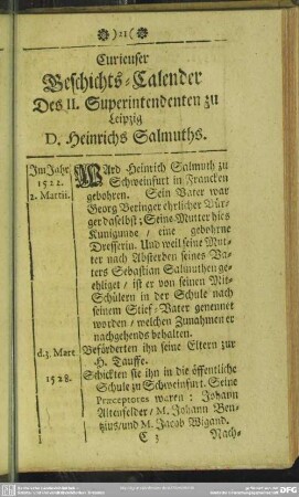 Curieuser Geschichts-Calender Des II. Superintendenten zu Leipzig D. Heinrichs Salmuths