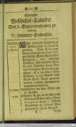 Curieuser Geschichts-Calender Des II. Superintendenten zu Leipzig D. Heinrichs Salmuths
