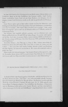 In Memoriam Friedrich Wencke (1842-1905)