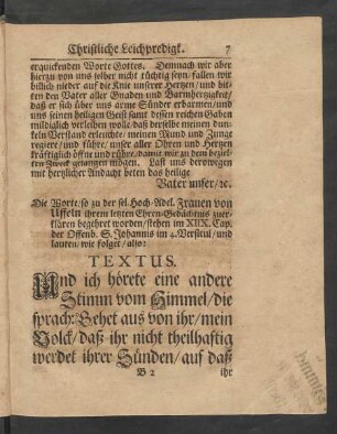 Textus. [... stehen im XIIX. Cap. der Offenb. S. Johannis im 4. Versicul/ und lauten/ wie folget/ also:]