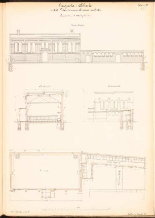 Augusta-Schule nebst Lehrerinnenseminar, Berlin: Turnhalle, Abortgebäude: Vorderansicht, Seitenansicht, Schnitt, Grundriss 1:100