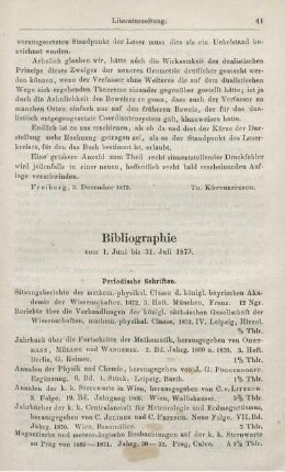 Bibliographie vom 1. Juni bis 31. Juli 1873.