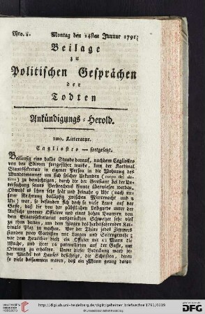 Beilage zu Politischen Gesprächen der Todten. Ankündigungs-Herold. Nro. 8