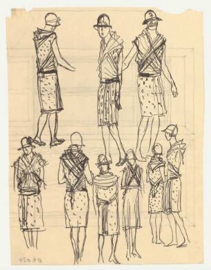 Figurinen : Neun Figurinen in Vorder- und Rückansicht mit knielangem Kleid, Hut und Bindevarianten eines Schultertuches