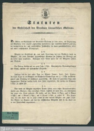 Statuten der Gesellschaft des Dresdner literarischen Museums