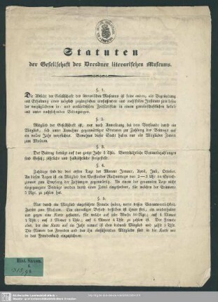 Statuten der Gesellschaft des Dresdner literarischen Museums