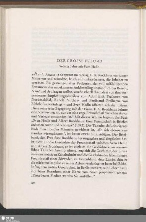 Der Grosse Freund : Sechzig Jahre mit Sven Hedin
