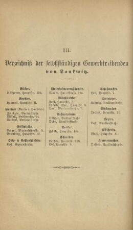 III. Verzeichniß der selbstständigen Gewerbetreibenden von Lankwitz