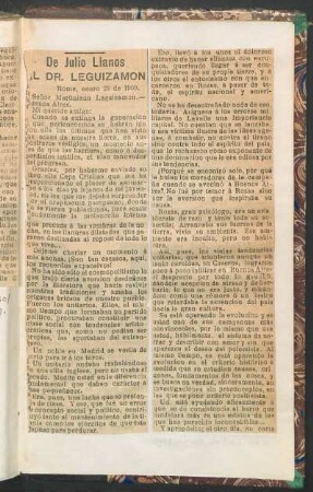 [Artículo periódico] De Julio Llanos al Dr. Leguizamon