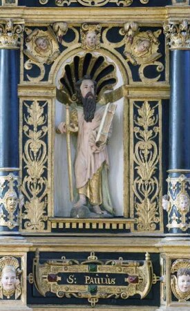 Renaissance-Kanzel mit Tugenden und Heiligenfiguren — Kanzelkorb mit Heiligenfiguren — Apostel- und Evangelistenfiguren — Apostel Paulus