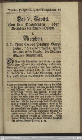 Das V. Capitel. Von den Präsidenten, oder Vorstehern des Blumen-Ordens
