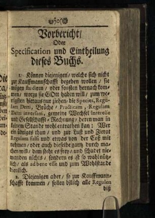 Vorbericht/ Oder Specification und Eintheilung dieses Buchs