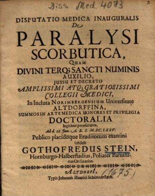 Disputatio Medica Inauguralis De Paralysi Scorbutica