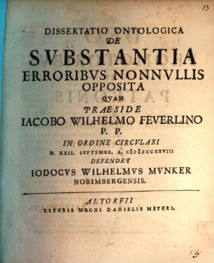 Dissertatio ontologica de substantia erroribvs nonnvllis opposita