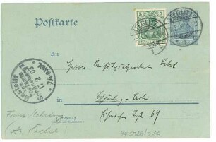Postkarte von Franz Mehring an August Bebel