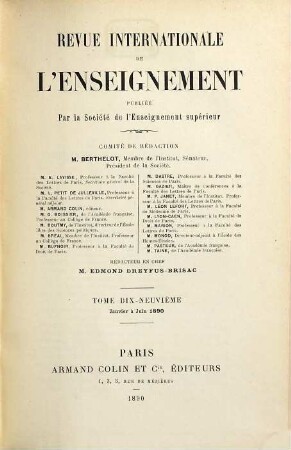 Revue internationale de l'enseignement. 19. 1890