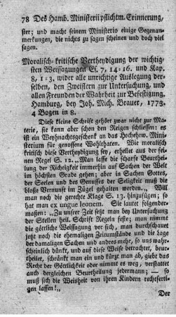 Moralisch-kritische Vertheydigung der wichtigsten Weissagungen Es.7,14-16. und Kap.8,1-3. wider alle unrichtige Auslegung derselben.