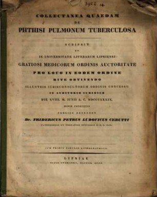 Collectanea quaedam de phthisi pulmonum tuberculosa