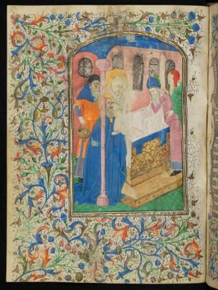 Vollbordürenseite mit Miniatur (Darbringung im Tempel) und Blattrankenbordüre