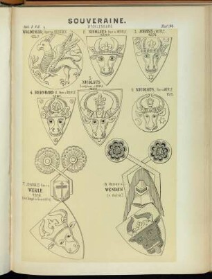 Taf. 94. 1. Woldemar, Herr zu Rostock. 1267. - 2. Nicolaus Herr v. Werle. 1249. - 3. Johann v. Werle. 1274. - 4. Bernhard I. Herr v. Werle 1281. - 5. Nicolaus Jungherr v. Werle. 1292. - 6. Nicolaus, Herr v. Werle. 1313. - 7. Johannes Herr V. Werle. 1318. (n.d. Siegel s. Gemahlin.) - 8. Herren v. Wenden (n. Gelre)