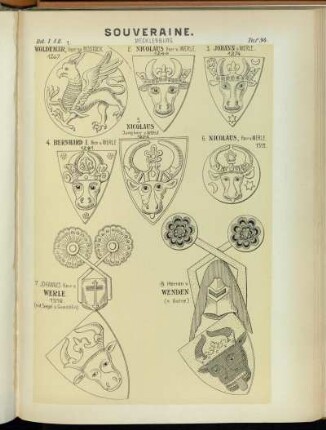 Taf. 94. 1. Woldemar, Herr zu Rostock. 1267. - 2. Nicolaus Herr v. Werle. 1249. - 3. Johann v. Werle. 1274. - 4. Bernhard I. Herr v. Werle 1281. - 5. Nicolaus Jungherr v. Werle. 1292. - 6. Nicolaus, Herr v. Werle. 1313. - 7. Johannes Herr V. Werle. 1318. (n.d. Siegel s. Gemahlin.) - 8. Herren v. Wenden (n. Gelre)