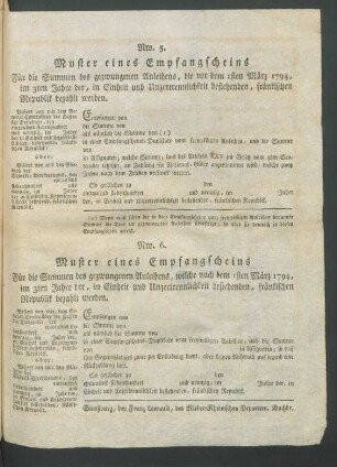 Nro. 6. Muster eines Empfangscheins Für die Summen des gezwungenen Anleihens, welche nach dem 1sten März 1794 ... bezahlt werden.