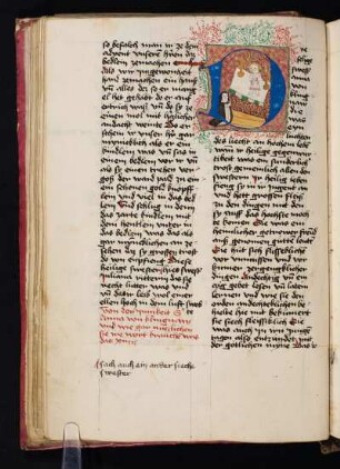 Historisierte Initiale: Anna von Klingnau, kniend und betend vor einem Altar, auf dem zwischen zwei Leuchtern der segnende Jesusknabe in weißem, rotgetupftem Gewand