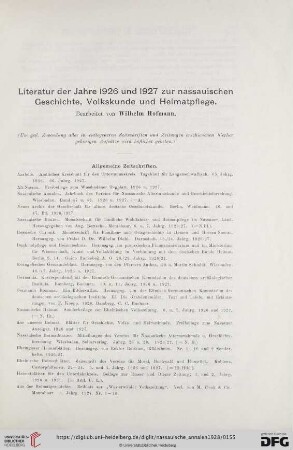 49: Literatur der Jahre 1926 und 1927 zur nassauischen Geschichte, Volkskunde und Heimatpflege