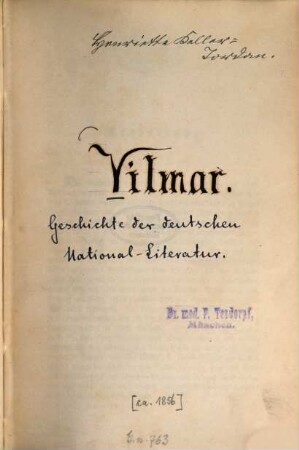 Geschichte der deutschen National-Literatur : [Von August-Friedrich-Christian] Vilmar