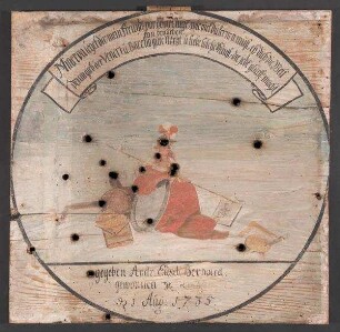Coburger Schützenscheibe, gestiftet von Andreas Eusebius Bernhard (Berholdt?), gewonnen 1.8.1735 von ?, darstellend Minerva mit Schild, Fass, Büchern, Blatt mit Äskulapp-Stab, Malerpalette, Pinsel