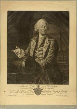 Bildnis des kurfürstlichen Gießereiinspektors Johann Gottfried Weinholdt, Dreiviertelfigur nach links mit einem Kanonenrohr